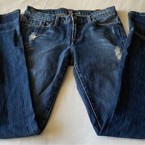 NWOT BEBE Women's Blue Distressed Jeans with Red Rhinestones!